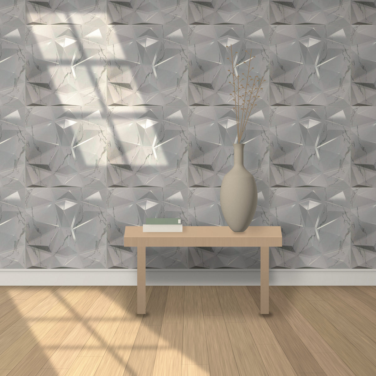 Gloss White Marble 3D wall panels behind a console table