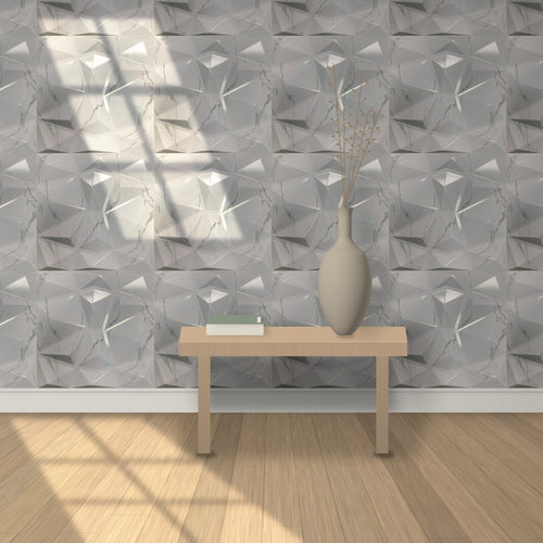 Gloss White Marble 3D wall panels behind a console table