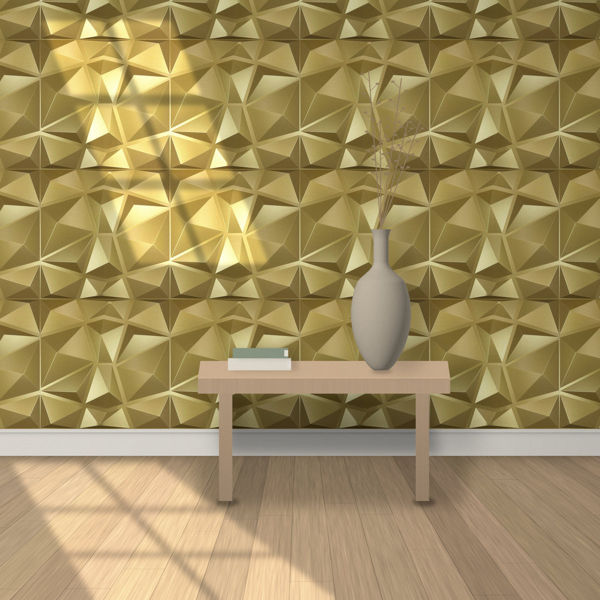 Matte Gold 3D wall panels behind a console table