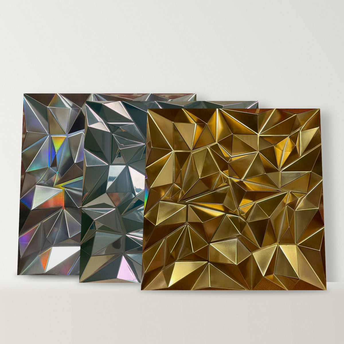 Iridescent Silver, Mirror Silver and Mirror-Look Gold diamond 3D wall panels