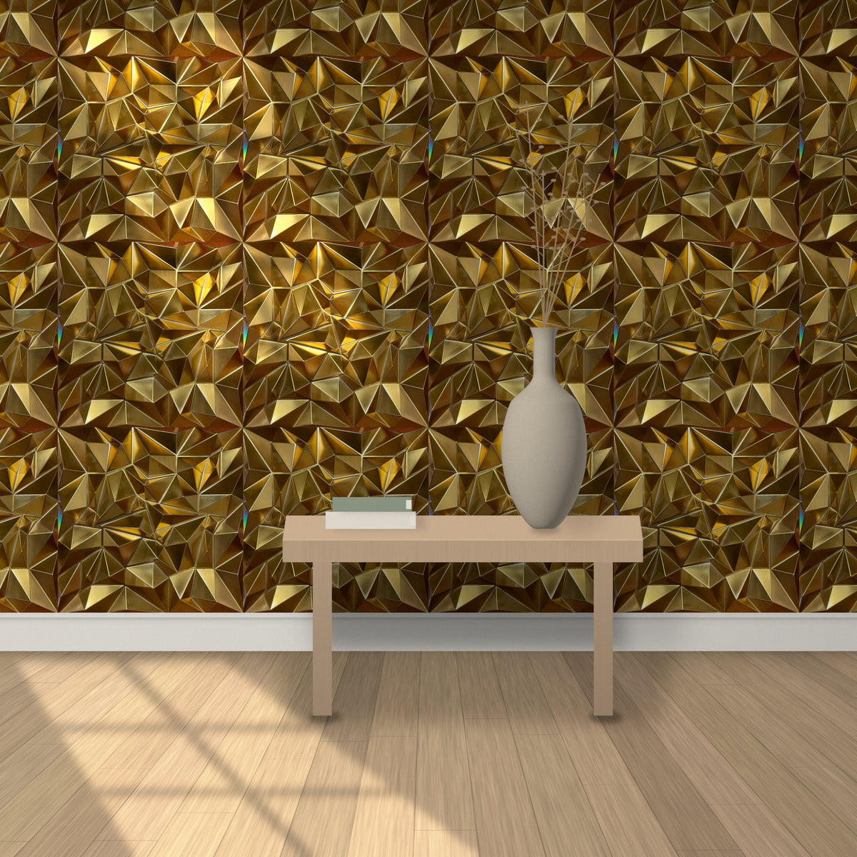 Mirror-Look Gold 3D wall panels behind a console table