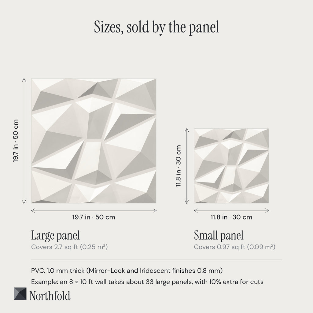 3D wall panel sizes: 19.7 in (50 cm) and 11.8 in (30 cm), sold by the panel
