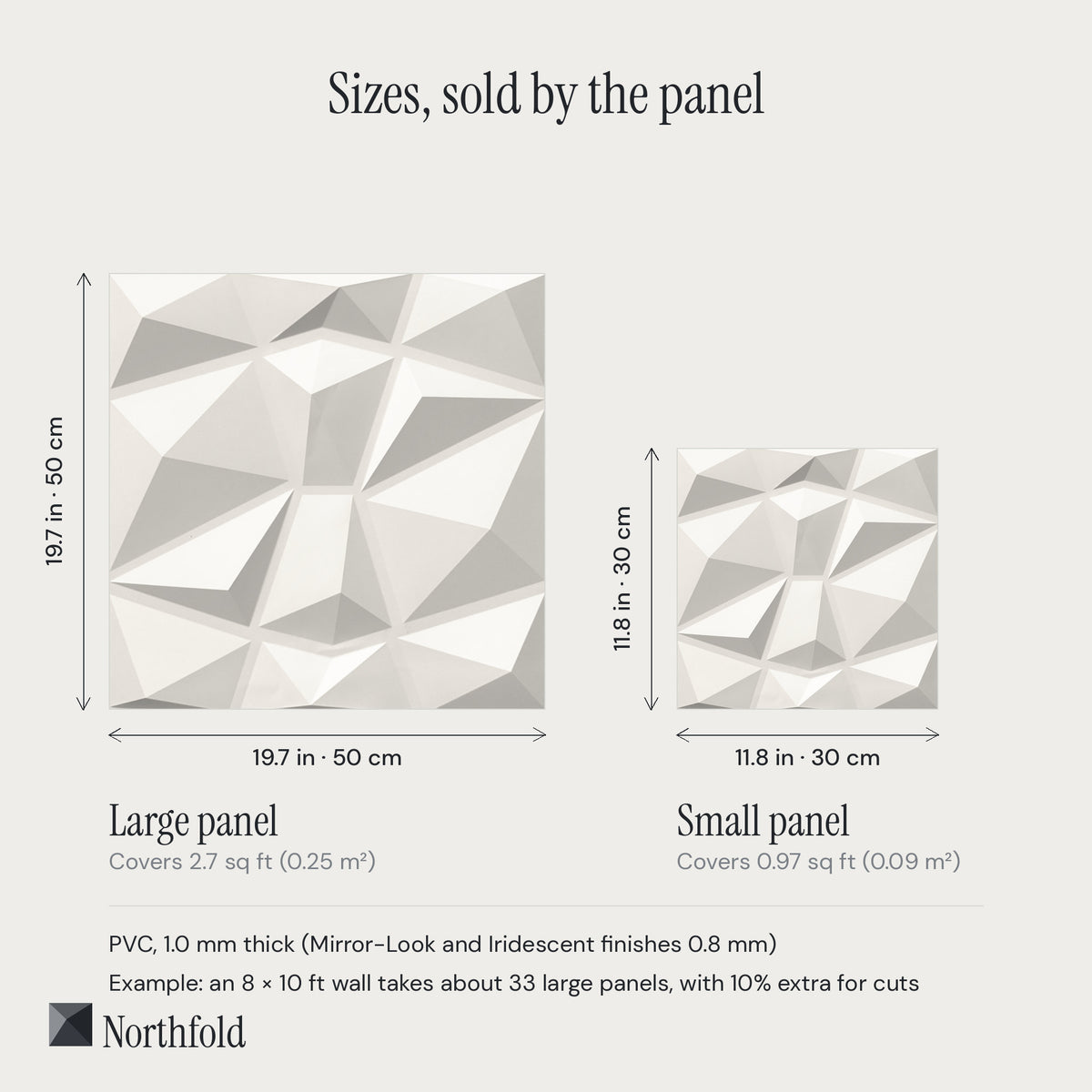 3D wall panel sizes: 19.7 in (50 cm) and 11.8 in (30 cm), sold by the panel