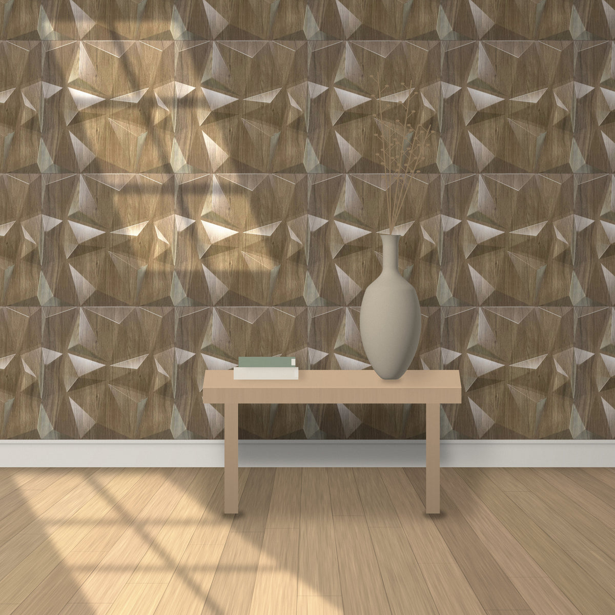 Light Ash 3D wall panels behind a console table